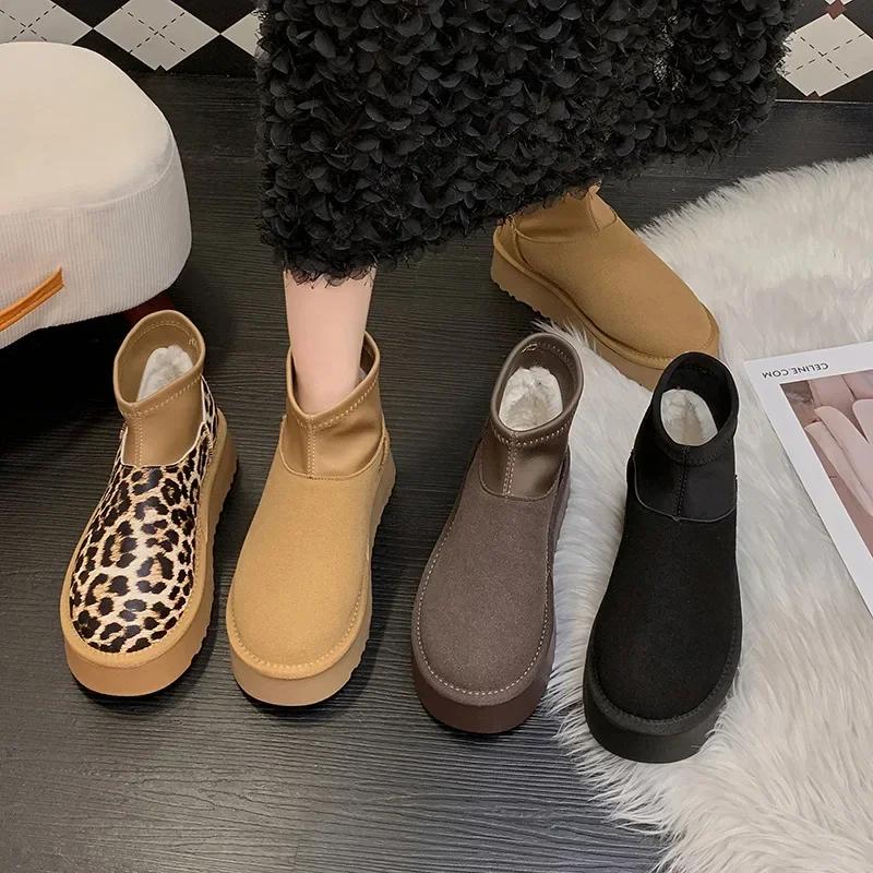 Leoparden Plateau Damen Schnee Stiefeletten Designer Flats Freizeitschuhe Plüsch Baumwollschuhe 2024 Trend Warme Winter Botas Mujer 35-42
