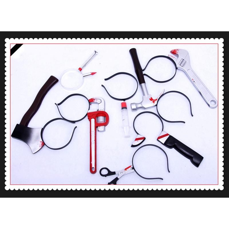 Falešná pila sekera nůž strašidelná halloweenská čelenka záludné rekvizity hororová párty dekorace