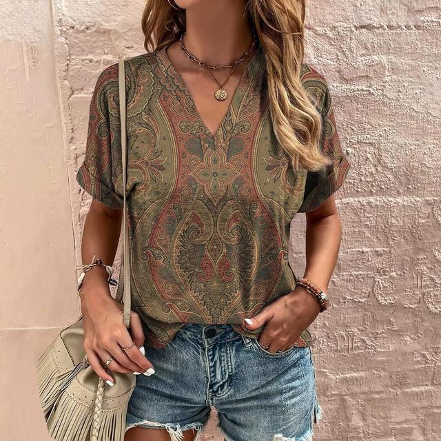 Retro Women's T Shirt Floral Print Summer Casual Ladies Clothes Short Sleeve Blouse V Neck Harajuku Clothing Female New Street