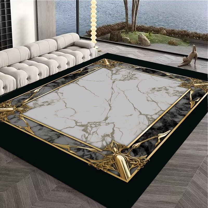 Alfombra Decorativa de Sofá para Interiores y Exteriores de Lujo Negra Incrustada con Oro Alfombra de Área para Mesas de Café Alfombrilla Suave Antideslizante para Niños