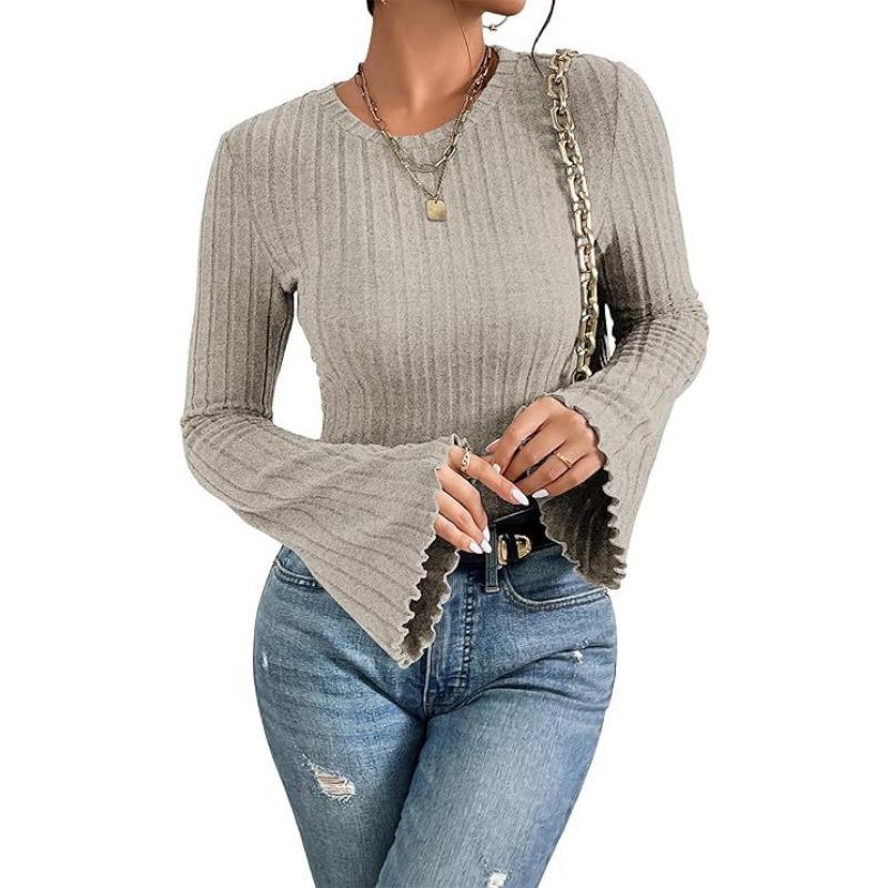 Women S Long Sleeve Round Neck Knit T Shirt Slim Fit Casual Top