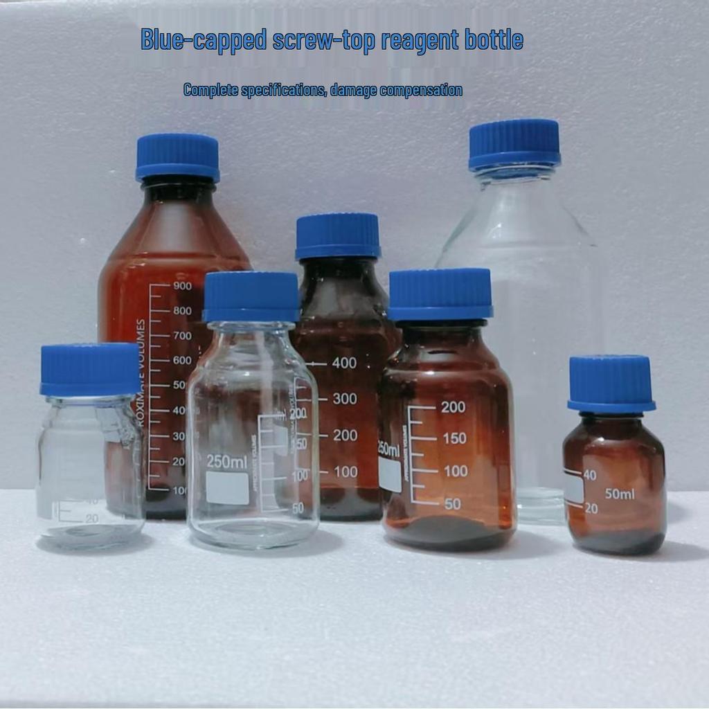 Blue Cap GL45 Threaded Glass Reagent Bottle - Transparent, Brown, Round with Scale, Sealed Sampling Lab Bottle