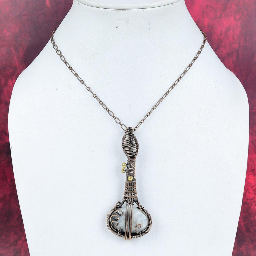 Rainbow Moonstone Pendant Copper Wire Wrapped Guitar Pendant Genuine Gemstone Jewelry Handmade Elegant Pendant Copper Jewelry Gifts for Wife