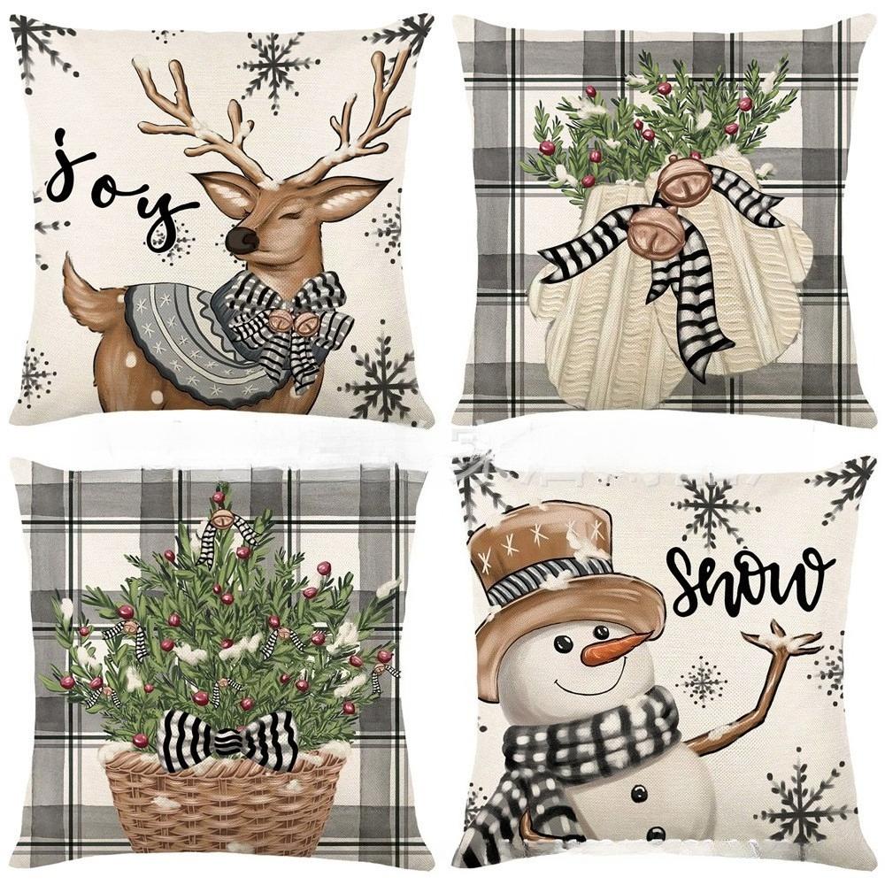 

4 шт. Праздничные рождественские наволочки для диванных подушек, дизайн «Снежинки и олени», зимний рождественский фермерский декор для дома, вставки не входят в комплект 450*450mm