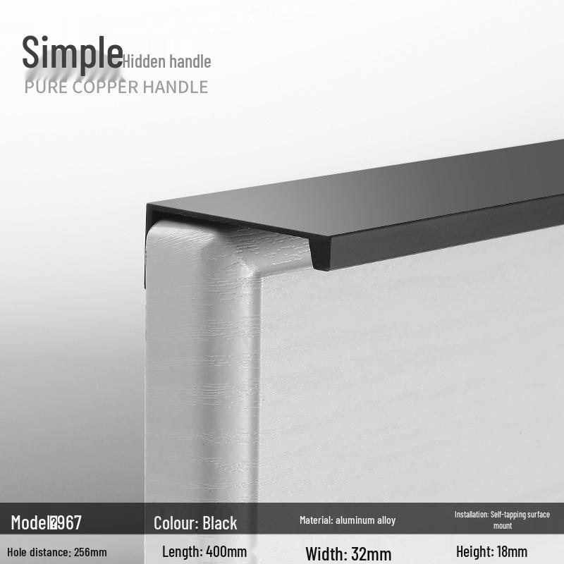 Black Aluminum No-Punch Concealed Handle for Kitchen and Wardrobe Cabinets