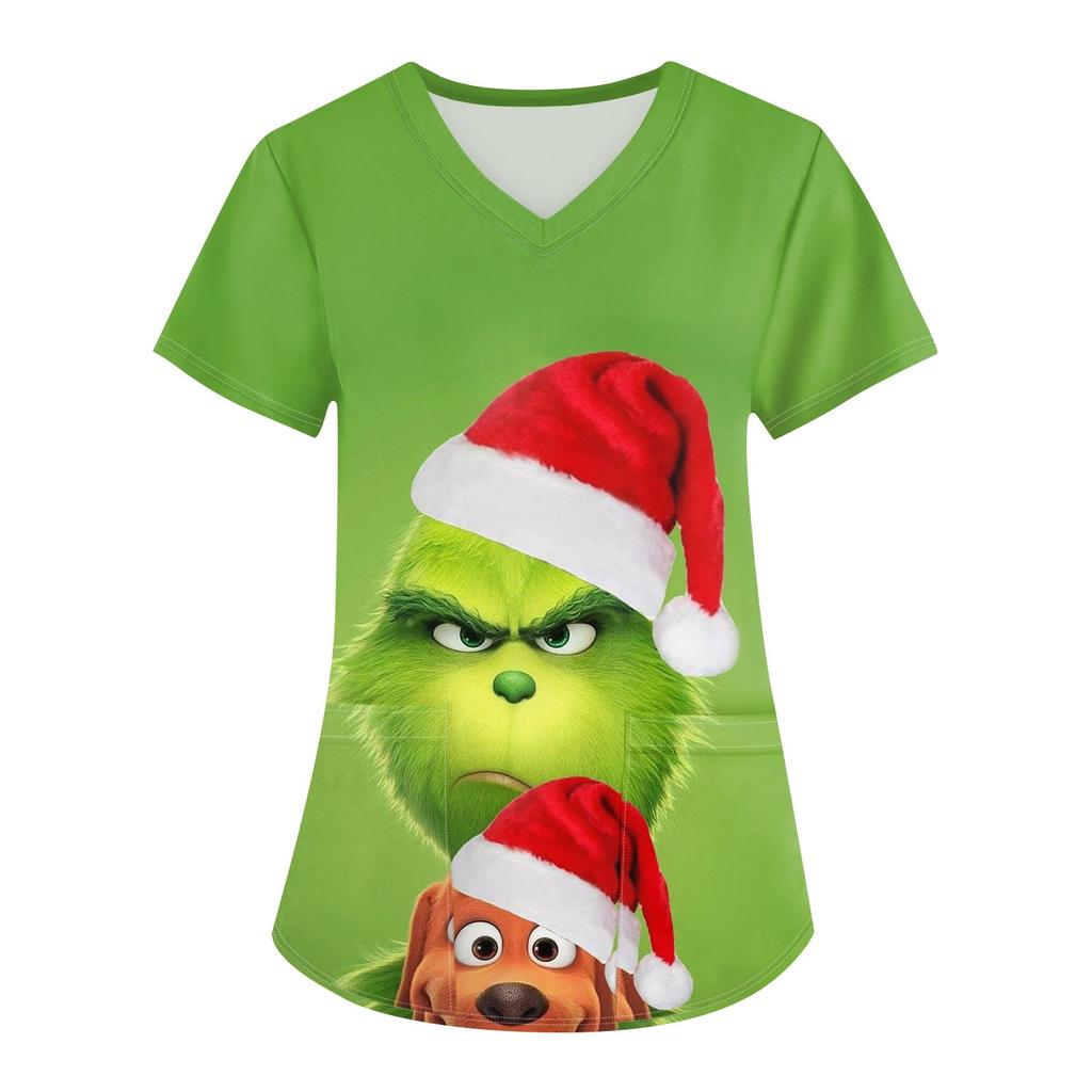 Women's Christmas Printing Uniform Work Uniform V-Neck Pocket Protective Work Uniform