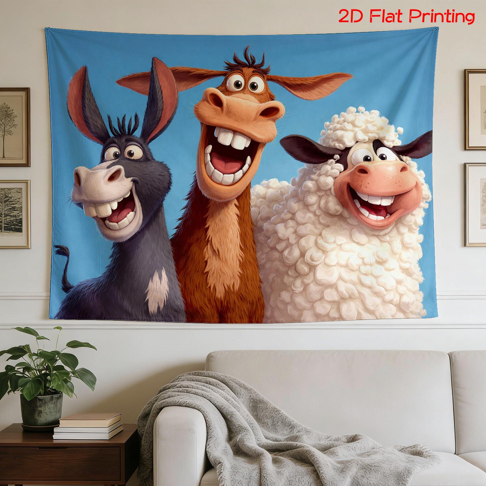 Funny Farm Animals Tapestry Donkey Horse Sheep Laughing Wall Hanging Cute Cartoon Room Decor suitable for use in offices bars 74x94cm(29x37in)