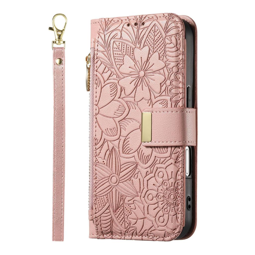 Floral Embossed Leather Wallet Flip Case for OPPO A6 A6X A6T A6S A6C A5 A5X A3 A3X A1 Pro 4G 5G Card Slots and Wrist Strap Cover