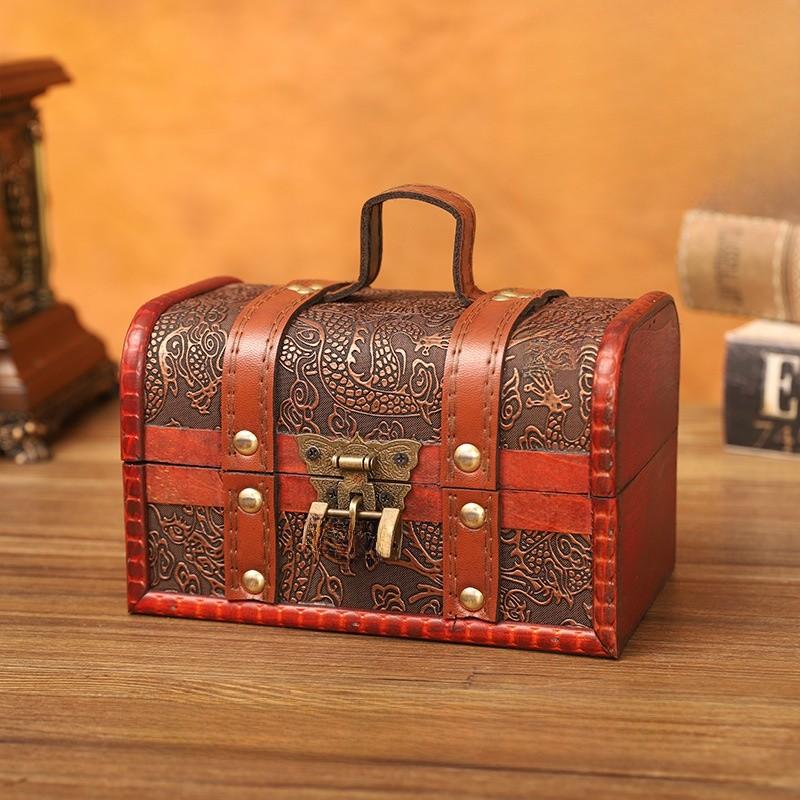 Retro Dragon Pattern Wooden Storage Box With Metal Lock For Storage Desktop