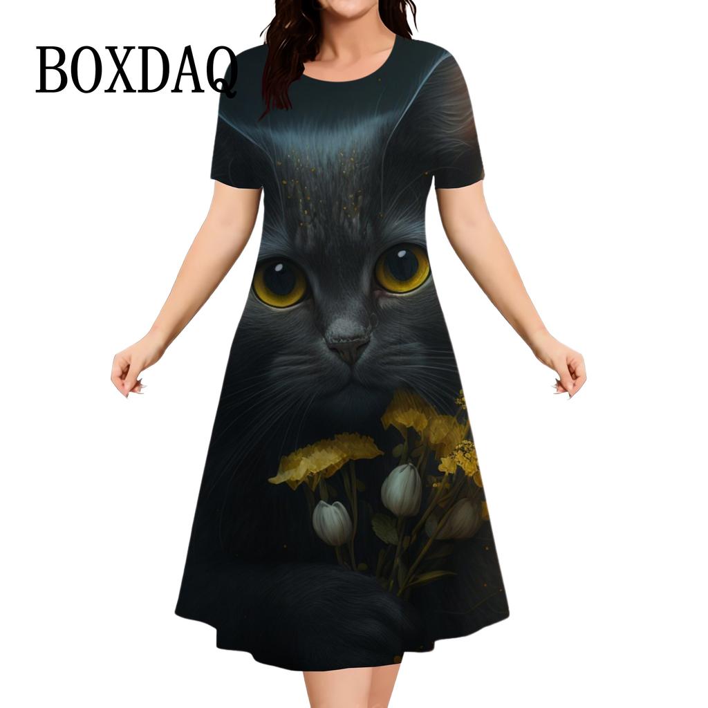 Women's 3D Graphic Animal Cat Dress Short Sleeve 3D Print Summer Dress Casual Daily Holiday Cute Loose Dress New