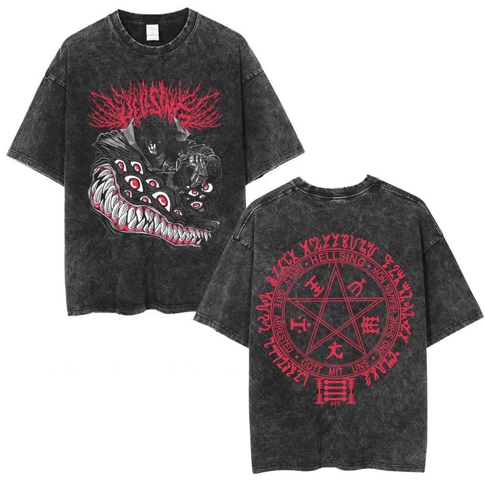 Anime Hellsing Ultimate Tshirts Men Clothing Washed T Shirt Manga Alucard Eyes Cotton Short Sleeve Tshirt Unisex Streetwear S