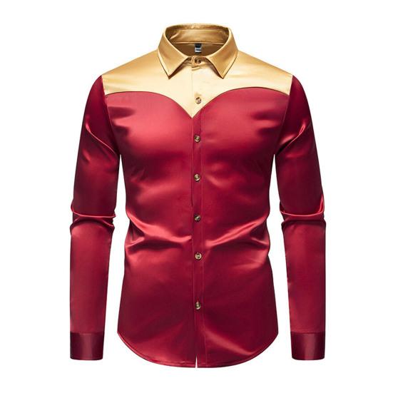 

Мужская рубашка с лацканами и длинным рукавом из атласа с индивидуальным цветовым блоком, рубашка с пуговицами и планкой, повседневная одежда для отдыха на улице, работа S вино красного