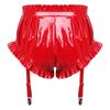 Women's Wet Look PU Leather Briefs S-3XL: Ruffled Trim Ruched Bloomer Shorts with Garter Clips Glossy Nightwear for Nightclub Rave Party