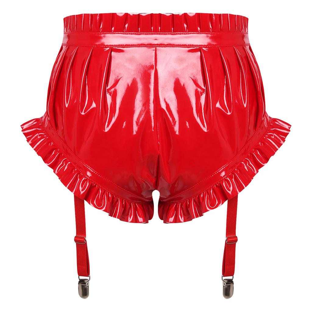 Women's Wet Look PU Leather Briefs S-3XL: Ruffled Trim Ruched Bloomer Shorts with Garter Clips Glossy Nightwear for Nightclub Rave Party