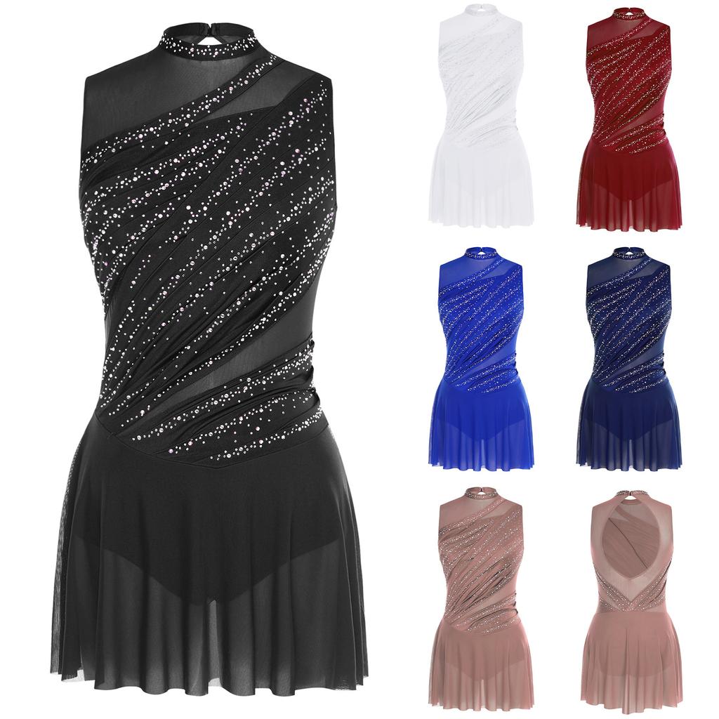 Womens Gymnastics Artistic Figure Skating Ballet Lyrical Dance Leotards Dress Rhinestones Built -In Crotch Buttons Briefs Dress