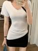 WhiteV-Neckshort Sleeve T-Shirt Women's Casual Loose-Fit Waist-Fitted Top Korean Style Polyester Fiber Summer Clothing