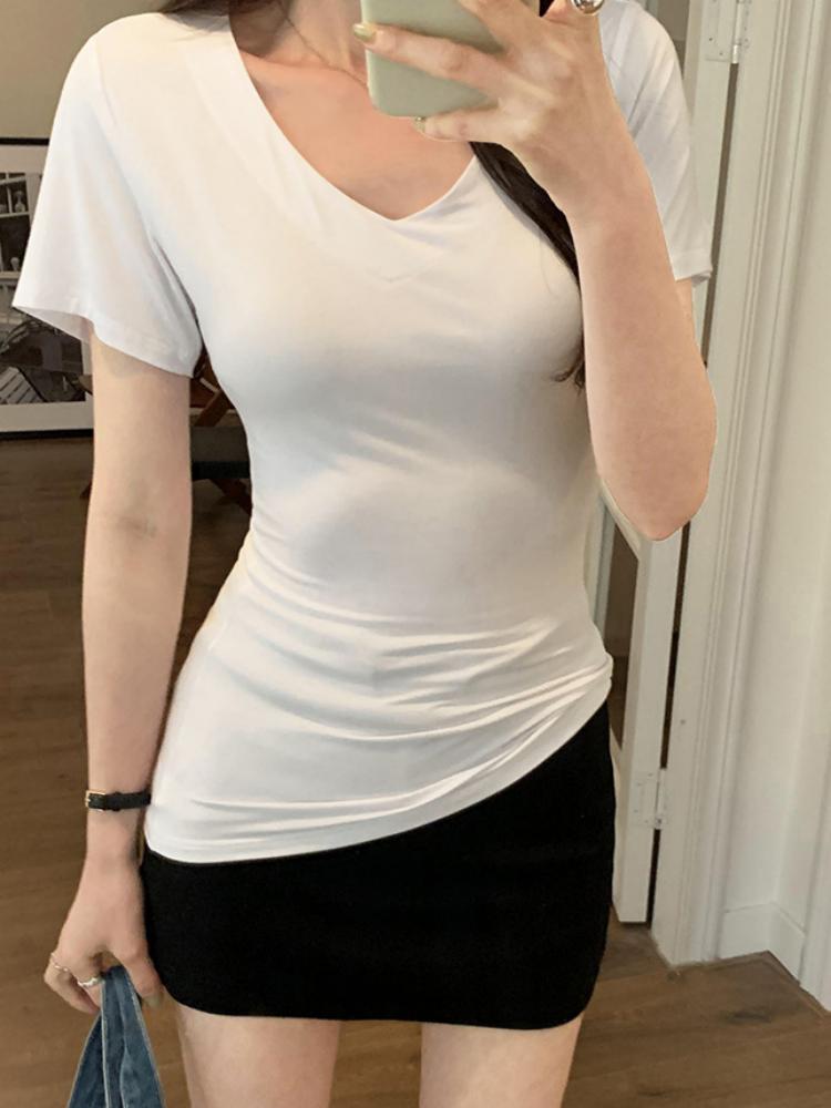WhiteV-Neckshort Sleeve T-Shirt Women's Casual Loose-Fit Waist-Fitted Top Korean Style Polyester Fiber Summer Clothing