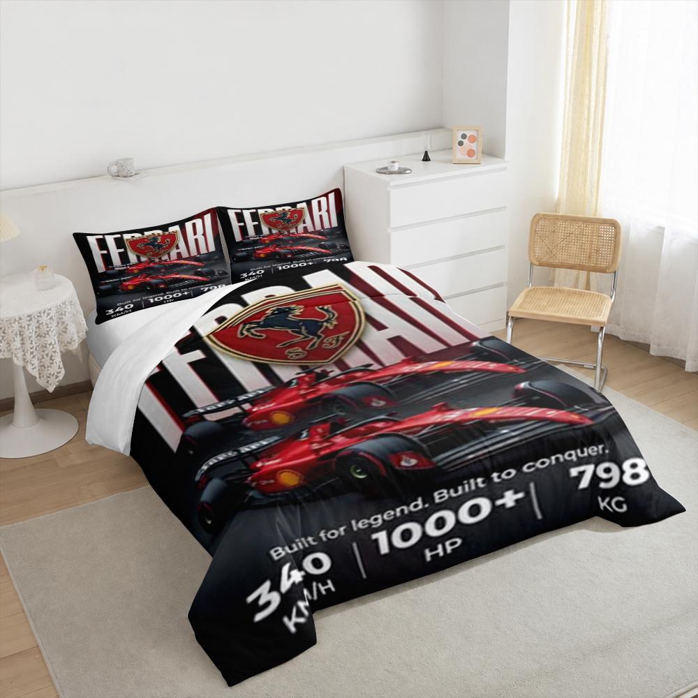 3 Piece Bedding Set with Duvet Cover and 2 Pillowcases - Ferrari Prancing Horse Two Red Cars Stats Print - Motorsport Decor