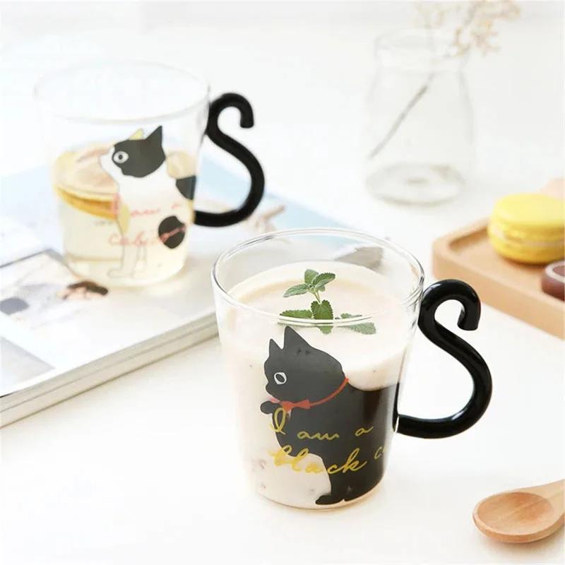 Creative Cat Transparent Glass Cup Milk Coffee Mug Tea Cup Cartoon Kitty Home Office Cup For Fruit Juice