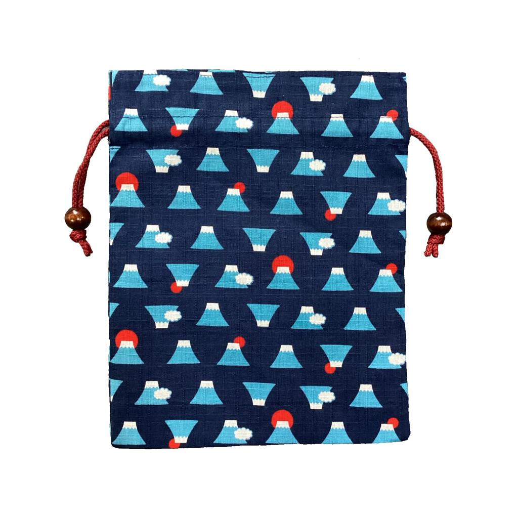 Kyosuke Made In Japan Drawstring X Cotton with Wooden Fuji Lined Navy Japanese Motif Pouch, Approx. 24.5 19cm, Balls, Mt. Up, Blue,