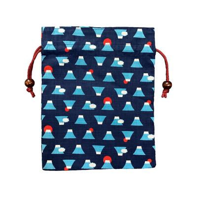 Kyosuke Made In Japan Drawstring X Cotton with Wooden Fuji Lined Navy Japanese Motif Pouch, Approx. 24.5 19cm, Balls, Mt. Up, Blue,
