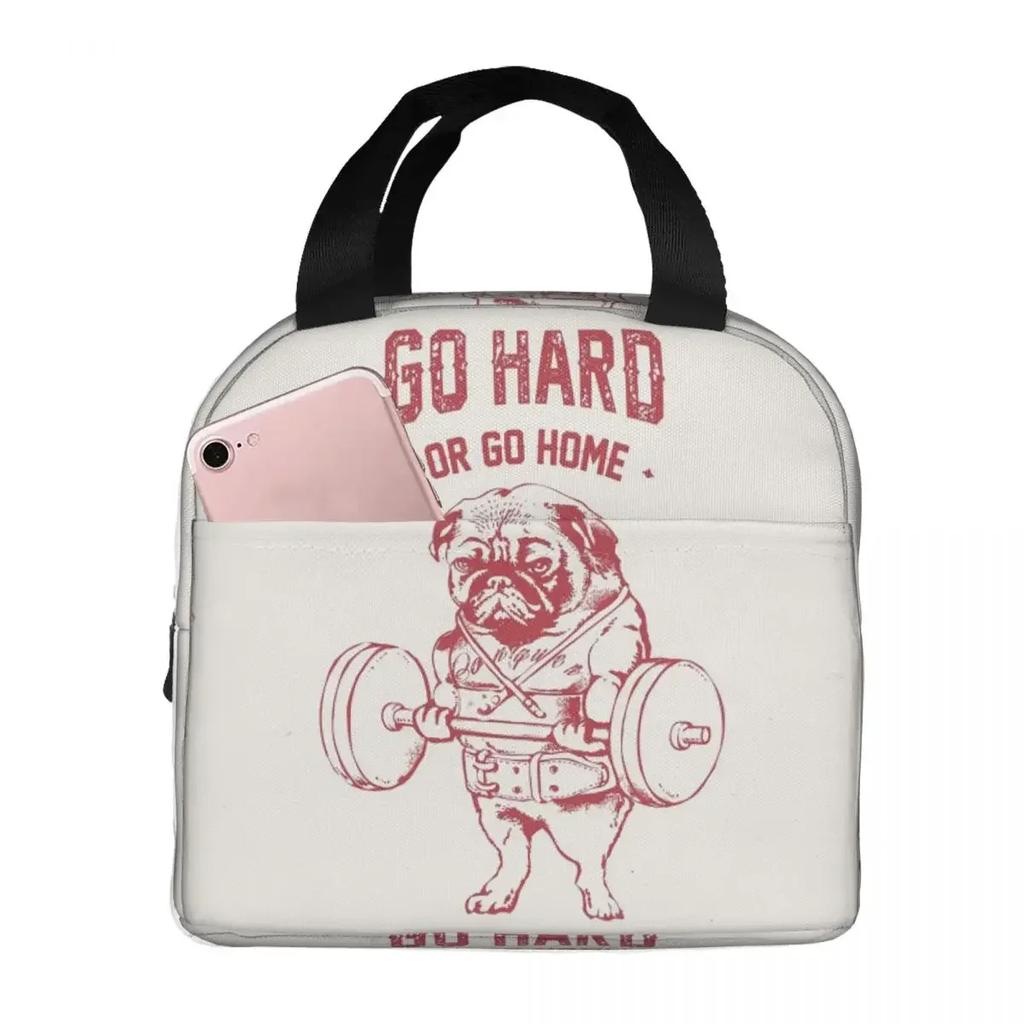 Pug Dog Weight Lifting Exercise Fitness Gym Workout Insulated Lunch Bag for Women Children Food Boxes Thermal Lunch Box Tote