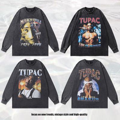European, American High Street Retro Washed Old Hip-Hop Bottoming Shirt Loose Digital Direct Injection Printing Long-Sleeved T-Shirt Men