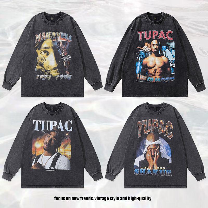 European, American High Street Retro Washed Old Hip-Hop Bottoming Shirt Loose Digital Direct Injection Printing Long-Sleeved T-Shirt Men