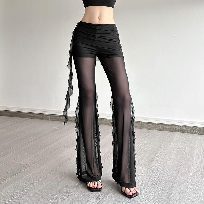 Sexy High Waist Sheer Mesh Pants Women Fashionable Pleated Long Pants S чёрный