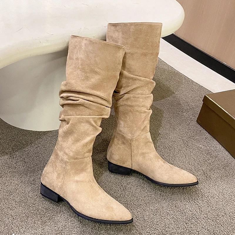 New Pleated Boots Women Black Nude Faux Suede Flock Knee High Boot Ladies Flat Autumn Winter Dress Shoe 40 Solid Slip On Botas