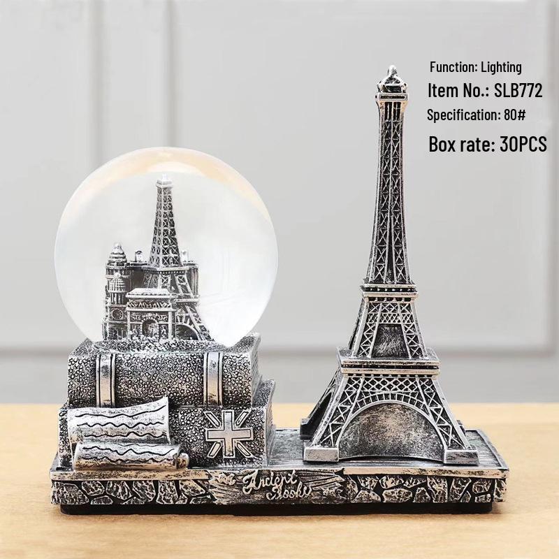 Creative Luminous Eiffel Tower Snow Globe Music Box - Retro Desktop Decoration