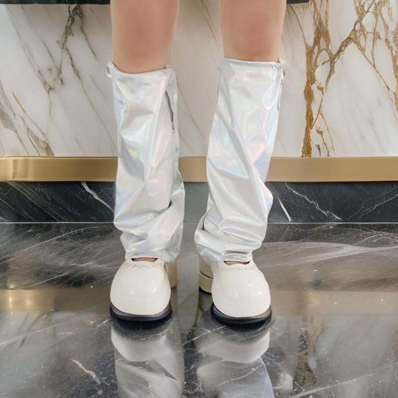 Women Harajuku Shinning Metallic Leg Warmer with Drawstring Flared Long Socks Grunge Baggy Loose Foot Cover Streetwear