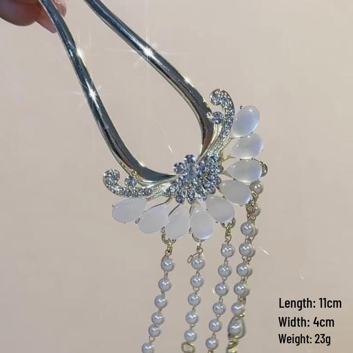 Épingle à cheveux vintage en forme de U avec pompon paon pour femmes - Épingle à chignon nacrée pour Cheongsam et Hanfu