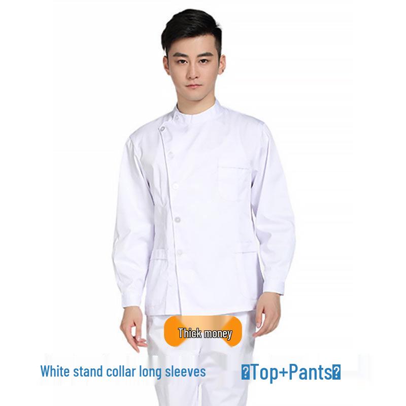 Tandvårdsarbetskläder: Unisex Tvådelat Set med Ståkrage, Sidoknäppning och Vit Rock med Lång/Kort Ärm
