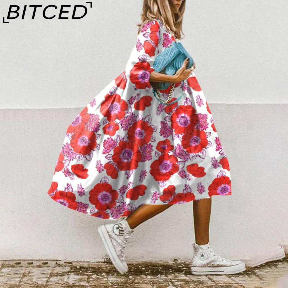 

BITCED Women s Fashion Floral-Printed Mid-Sleeve Dress XXXL