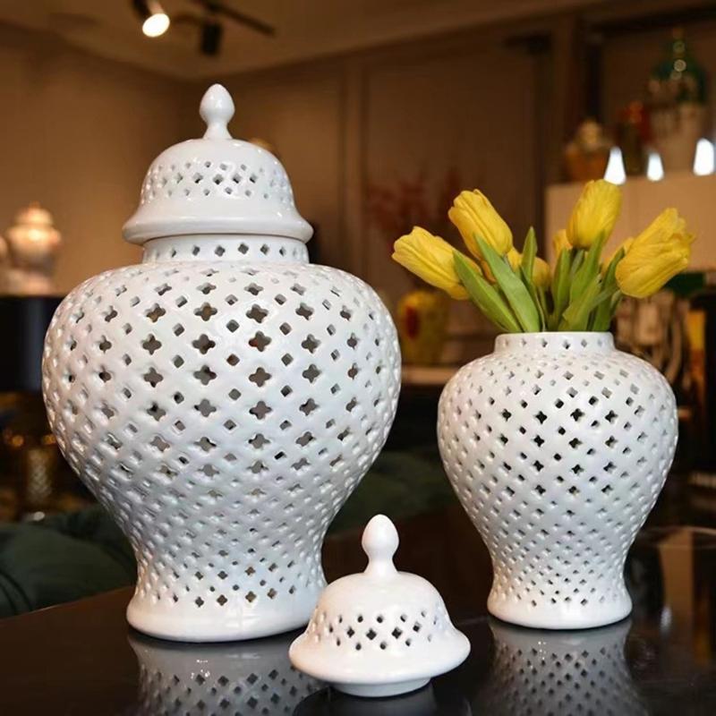 Ceramics Gingers Jar with Lid Decorative Flower Vases Cutout Lattice Crafts for Home or Kitchen Countertops Decoration