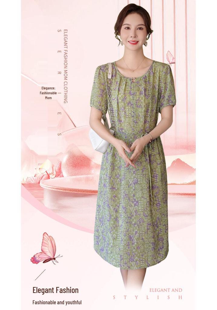 Xue Xi Mama 2026 Floral Slimming Summer Dress for Middle-Aged & Elderly Women - Short-Sleeve, Long Skirt