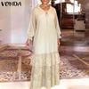 VONDA Summer Women Round Neck Long Sleeve Floral Patchwork Pleated Long Dress
