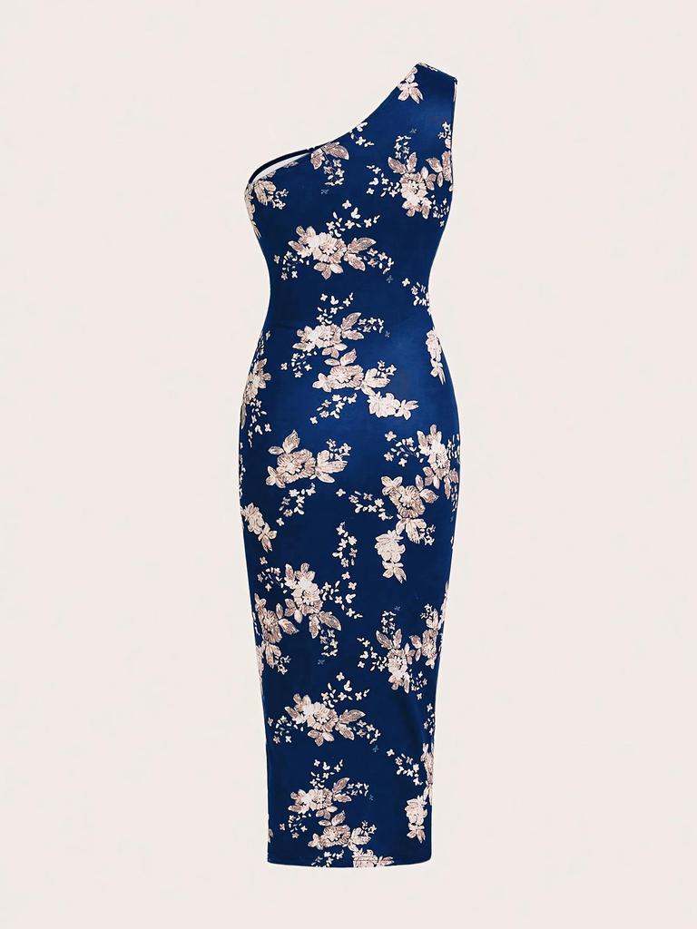 European & American Summer 2025 One-Shoulder Printed Bodycon Dress with High Slit