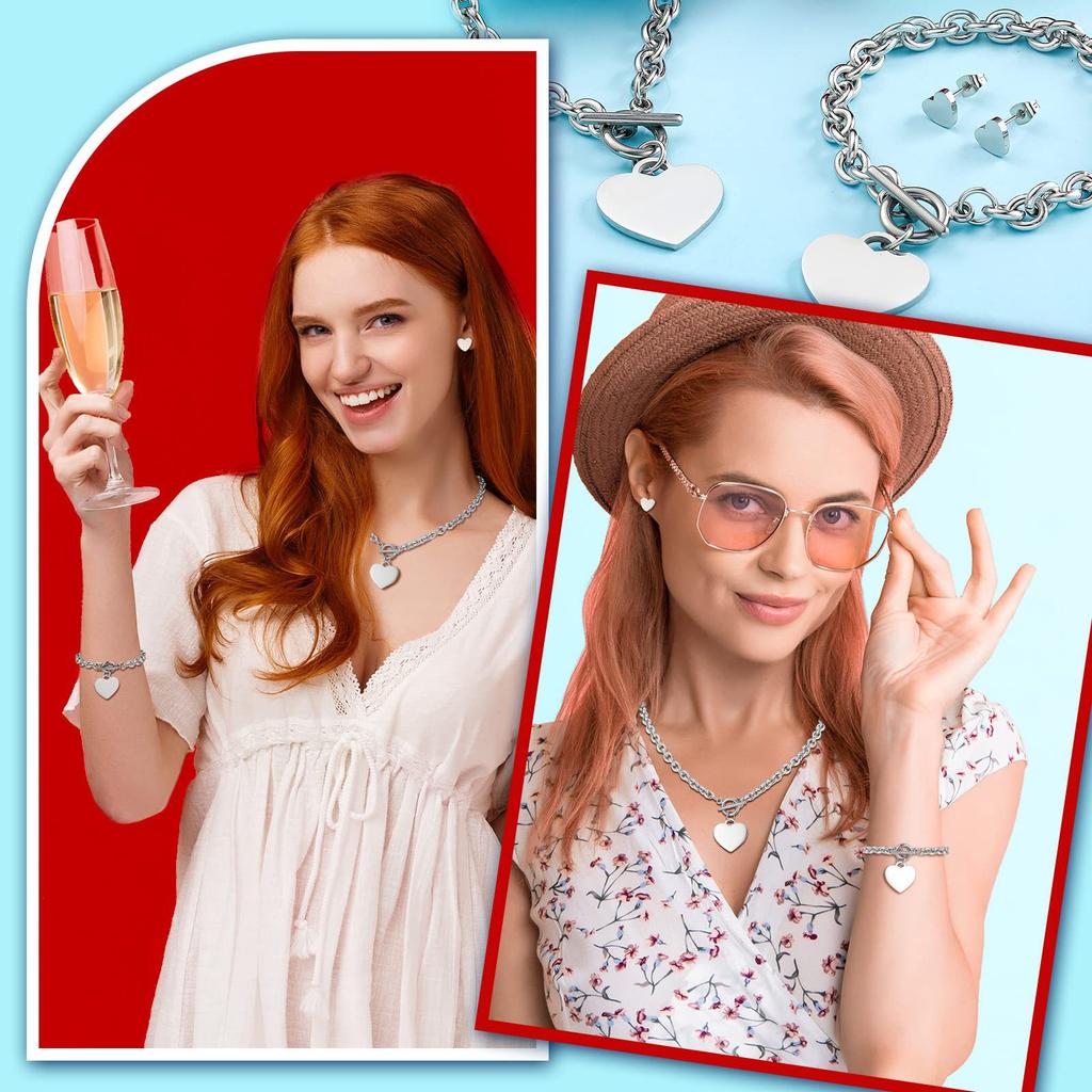 Heart Tag Jewelry Set Silver OT Toggle Chunky Chain Necklace Bracelet Matching Heart Stud Earrings