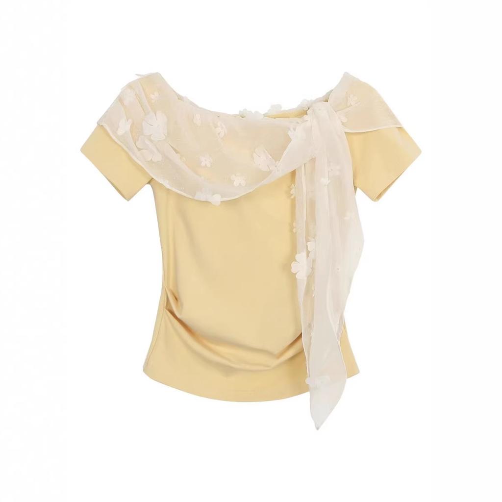 Fashion Chic Lace Splicing Flower Off-Shoulder Short Sleeve T-Shirt Women's Summer Korean Sweet Spice Girl Slim Skinny Top