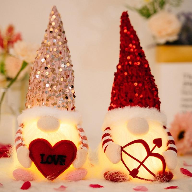 Valentine's Day Gnome Sequins Hat with Led Light Plushes Beard Doll Ornament for Elf Decoration New Year Holiday Gift