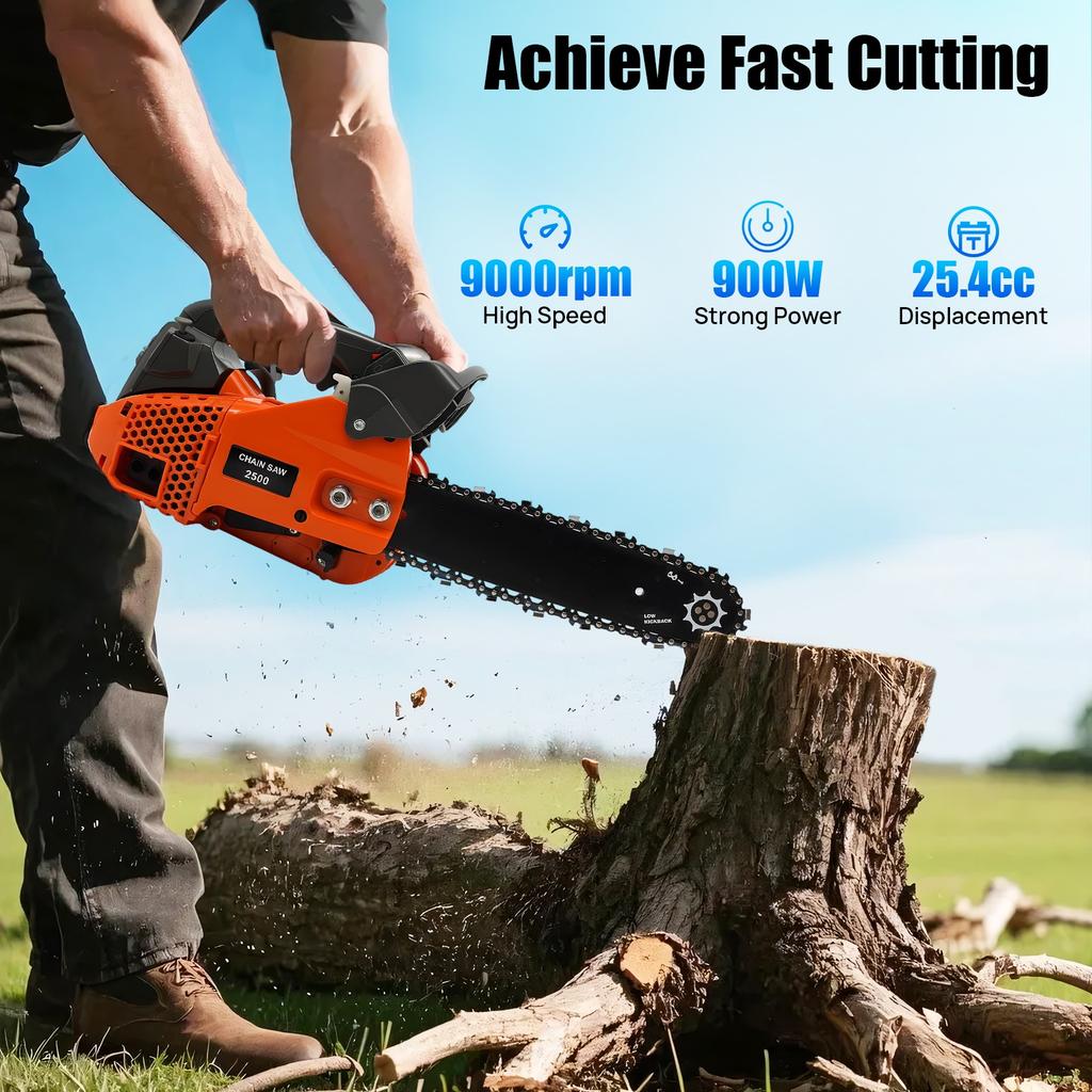 Gasoline Chain Saw 12" 25.4CC 2 Stroke Gas Chainsaw 1.22HP 900W High Power Gas Top Handle Chainsaw for Wood Logs Cutting