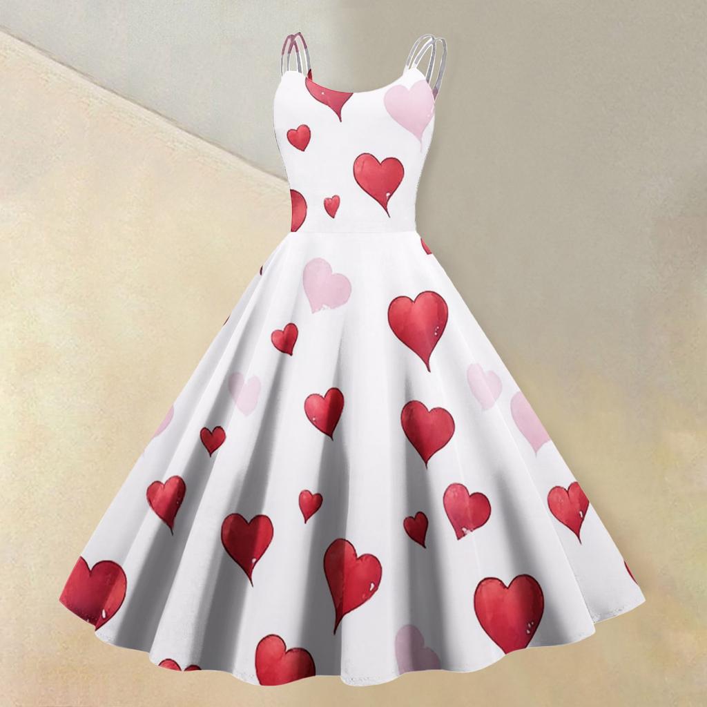 Damen-Kleid mit Valentinstag-Liebesherz-Print, sexy, schulterfrei, Vintage-Kleid