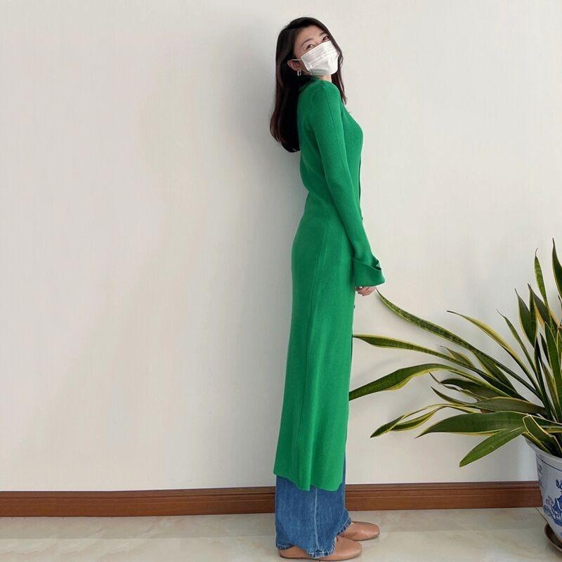 Today's Fashion Is Beautiful, Chic and Unique, High-cold Temperament Green Knitted Dress Design Sense Niche Long Dress