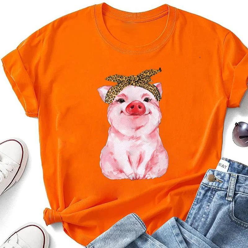 Cute Pig Print T-shirts For Women Summer Lovely Short Sleeve Casual Round Neck T-shirts Ladies Creative Personalized Tops