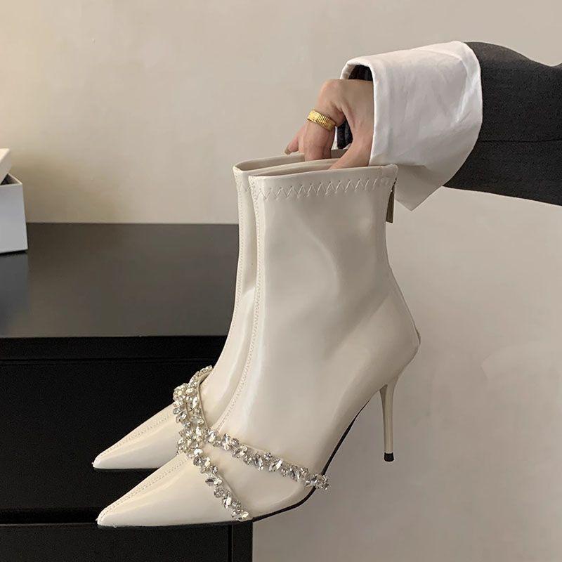 

High heels short boots spring and autumn new rhinestone French small ankle boots fleece thin boots women s white pointed high heels boots 35