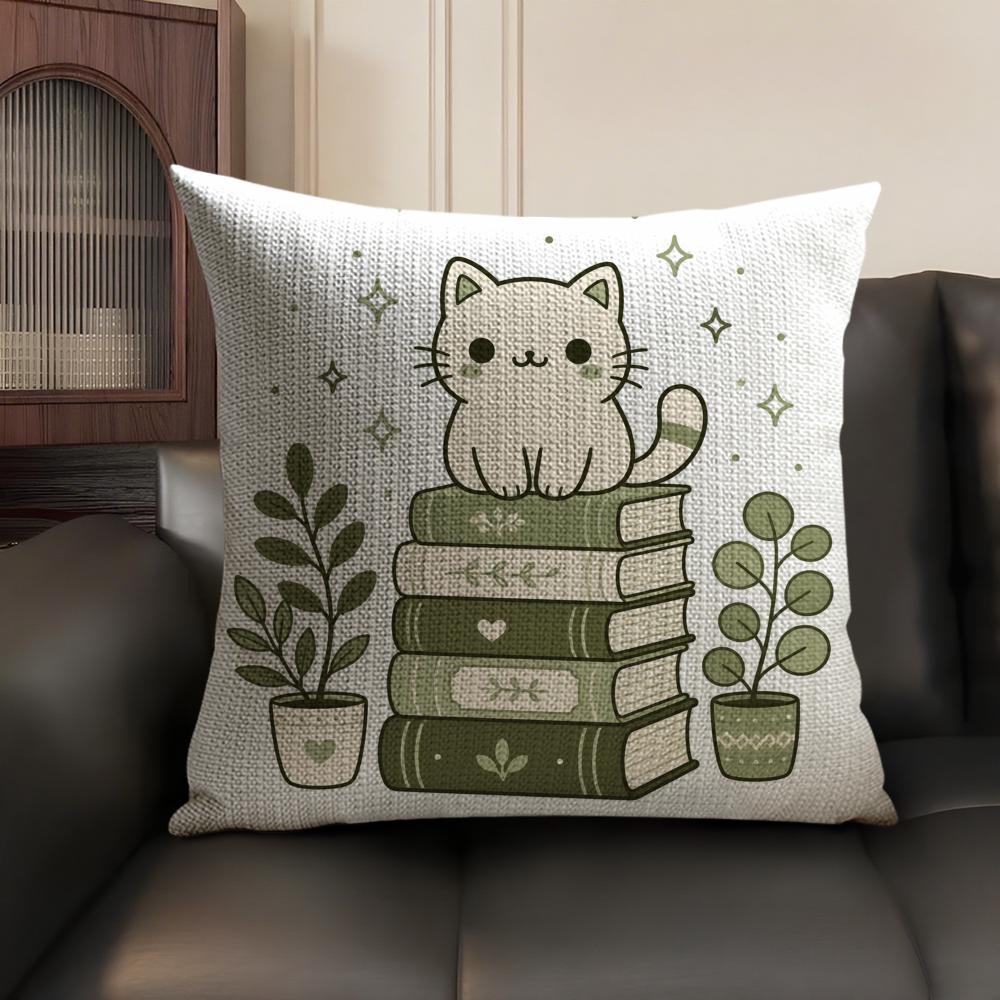 The Cat On the Book Cushion Cover Breathable Linen Organic Fabric DoubleSided Printing Sofa Pillow Case Home Decor