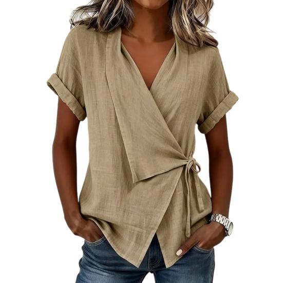 Women Tops V Neck Short Sleeve Pure Color Shirt with Side Tie Irregular Loose Fit Tee Shirt Summer Daily Wear