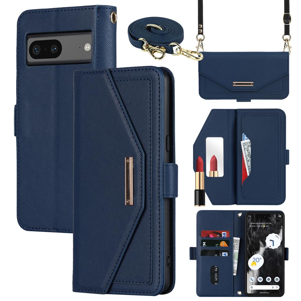 For Google Pixel 7 5G Stand Case Cross Texture PU Leather Wallet Phone Cover with Shoulder Strap/Makeup Mirror